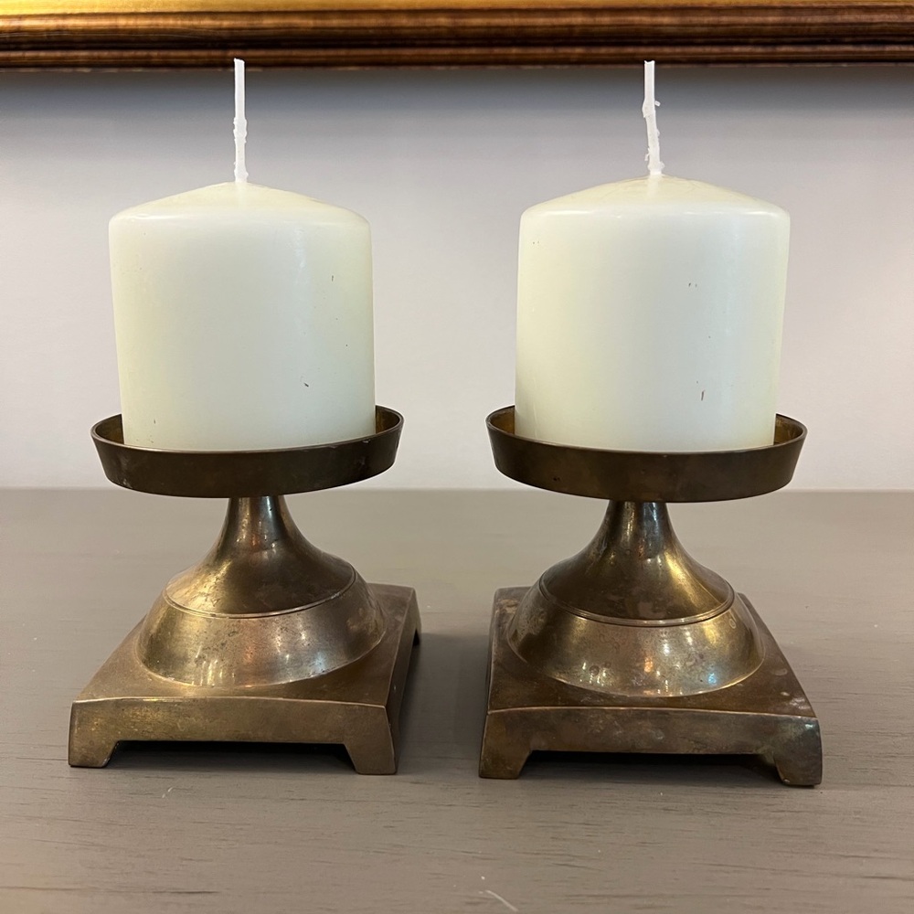 Brass Pillar Candle Holders Set Of 2 Pillar Candles Included Patina Vintage
